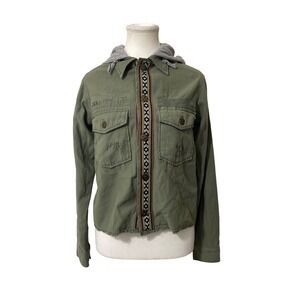 Free People Olive‎ Green Utility Jacket Waffle Hood Tribal Trim Distressed XS